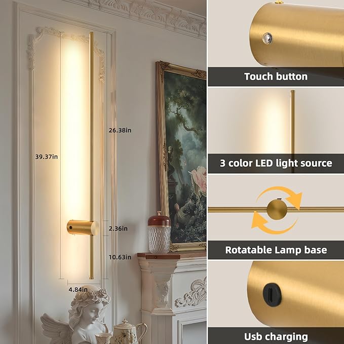 Battery Operated Wall Sconce USB Rechargeable Sconces, 39.3" Brushed Gold Wireless Wall lamp Set of 2, 3000K-6000K & Dimming with Remote Control, LED Wall Lights for Living Room, Bedroom - Bloomnest