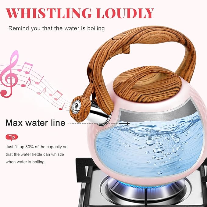 GGC Tea Kettle for Stove Top, Loud Whistling Kettle for Boiling Water Coffee or Milk, 3.1 Quart 3L Heavy Stainless Steel Pink Kettles with Wood Pattern Handle, Unique Button Control Kettle Outle - Bloomnest