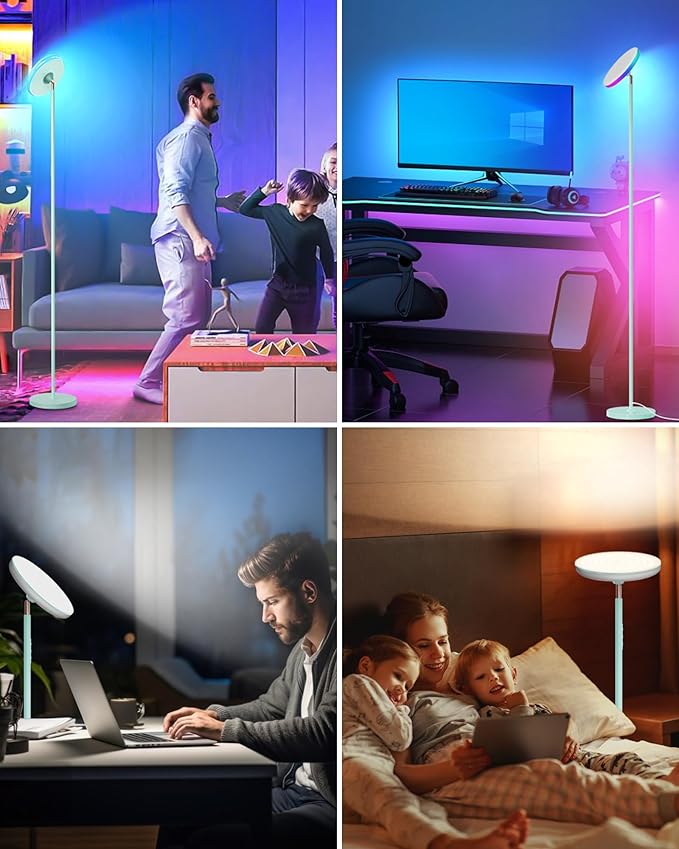 Bright Floor Lamp for Living Room, 42W LED Room Lights with Remote, 3700LM RGBW Modern Tall Standing Light, Color & Brightness Dimmable, UFO Ring Lamp,1/2/3H Timer for Bedroom,Office(Blue - Bloomnest