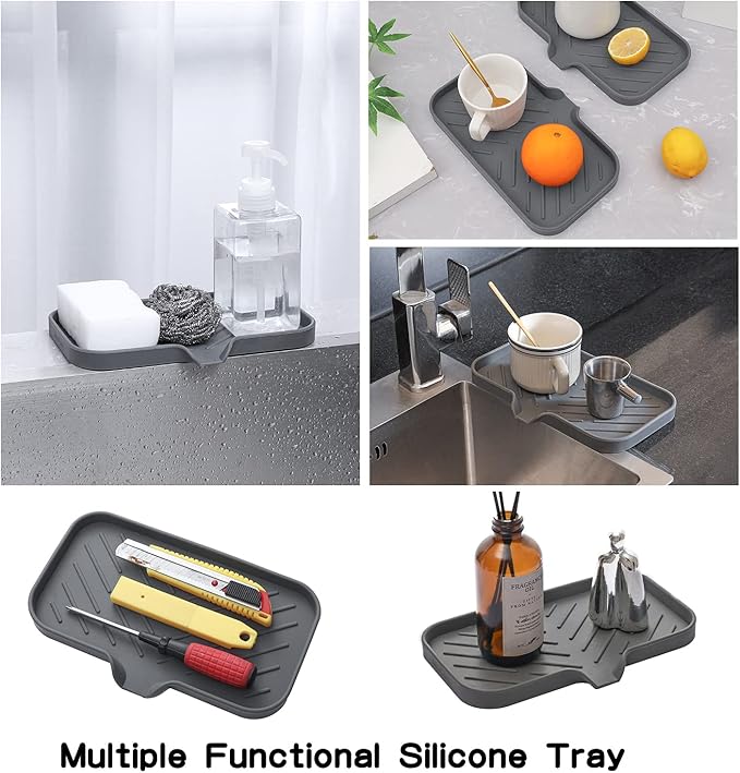 Silicone Bathroom Soap Dishes with Drain Spout-Bathroom and Kitchen Sink Organizer,Sponge Holder,Dish Soap Tray,Perfect for Dispenser,Scrubber,Bottle,Cup on Sink or Counter-Grey 9.6"×5.3" - Bloomnest
