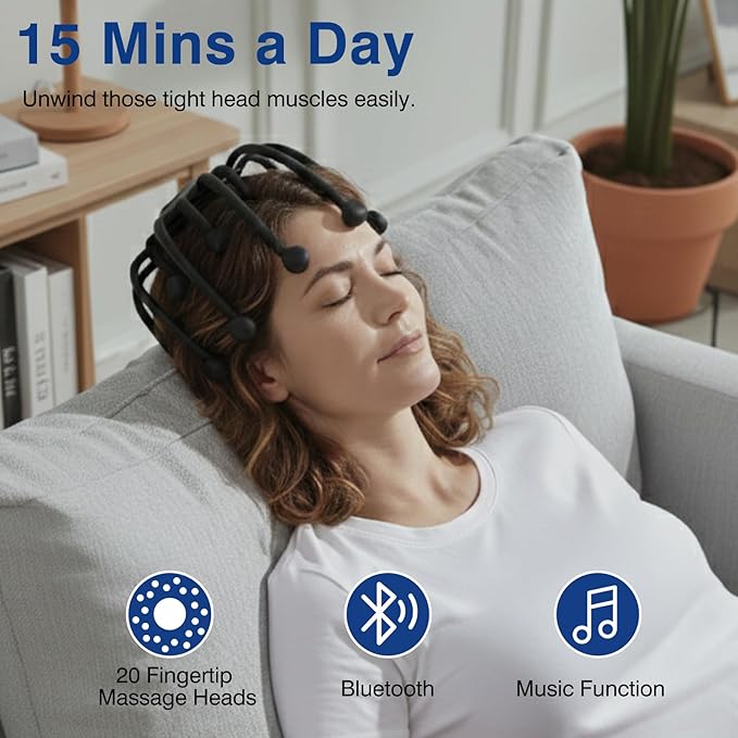 Head Massager Scalp Electric with Bluetooth Function, 360° Electric Head Massager Rechargeable 4 Modes, Electric Octopus Scalp Massager Portable, Long Battery Life, Scalp Stress Relax Massage Tool OrijioUS