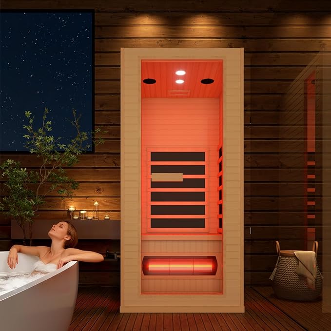 1 Person Infrared Sauna, Full Spectrum Roomy Sauna for Home, Indoor Dry Sauna with Rapid Heating 4 Carbon Panels&1 Carbon Tube, Bluetooth and 7 Color Therapy Lights, 110V BNEHSDirect