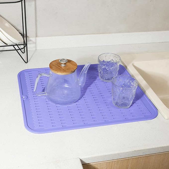 Silicone Dish Drying Mat for Multiple Usage,Easy clean,Eco-friendly,Heat-resistant Silicone Mat for Kitchen Counter or Sink,Refrigerator or Drawer Liner Light Purple XL 18 inches x 16 inches - Bloomnest