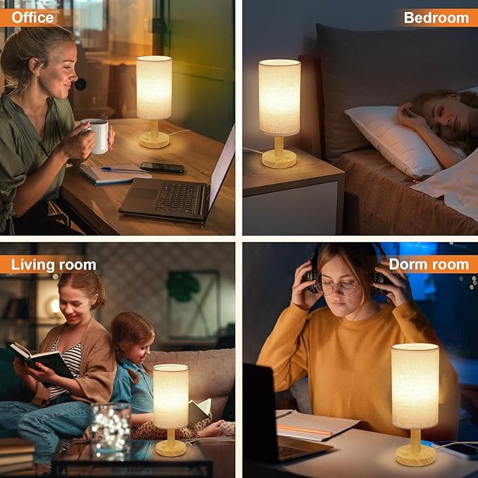 Small Touch Table Lamps Set of 2 with Stepless Dimming&USB Plug, Natural Round Wood Base & Linen Fabric Shade |Soft Ambient Night Light |Minimalist Boho Bedside Lamp for Bedroom,Nursery,Kitchen,Dorm - Bloomnest