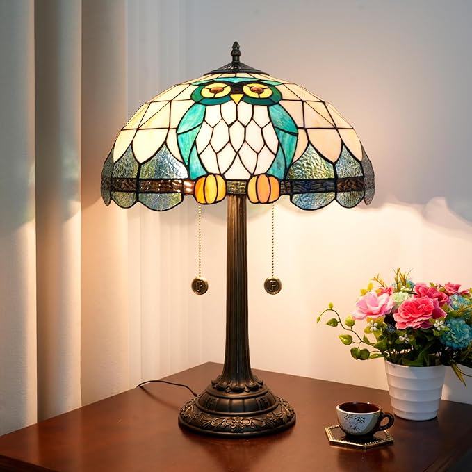 Tiffany Table Lamp Owl Animal Design Stained Glass Lamp 16 inch Handmade Large Desk Light Antique Beside Reading Lamp for Home Living Room Bedroom Office - Bloomnest