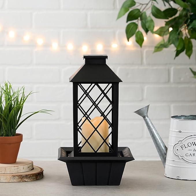 Zingz & Thingz Water Feature Tabletop Fountain Candle Lantern, Decorative Light Home Decor, 13.5" Tall, Black - Bloomnest