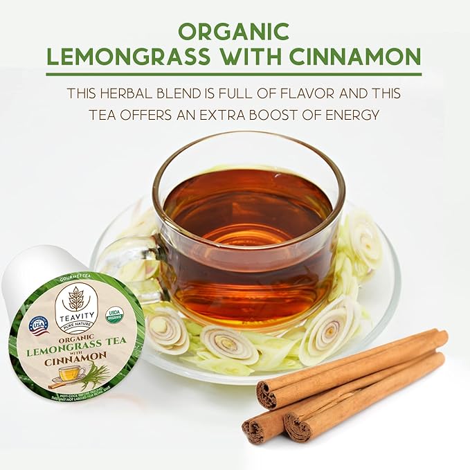 Teavity Organic Lemongrass and Cinnamon Tea Pods for Keurig - Naturally Decaffeinated Herbal Tea Blend (36 Pods) - Bloomnest