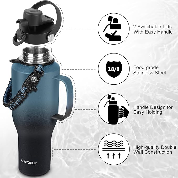 Water Bottle 40oz, Insulated Tumblers with Handle & Straw Lid, Insulated Water Bottle Fits in Cup Holder, Double Wall BPA-Free, Stainless Steel Travel Cup Leak-proof to Keep Cold 24H&Hot12H - Bloomnest