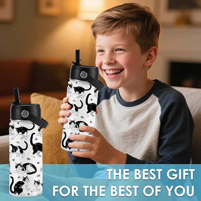 Cat Gifts for Kids - 16oz Cute Cow Cat Water Bottle with Straw Lid, Stainless Steel Insulated Tumbler, Leak Proof, BPA-Free, for Boys, Girls, School - Cow Cats Lovers Children Birthday Gifts Cups(1pc) - Bloomnest