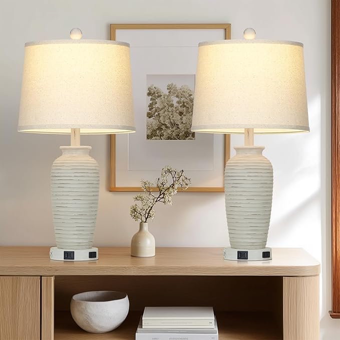 25" Retro White Farmhouse Jar Table Lamps Set of 2, 3 Way Touch Control Rustic Bedside Lamps with USB A+C Ports & AC Outlet, Pot Nightstand Lamps for Bedroom Living Room (LED Bulbs Included) - Bloomnest