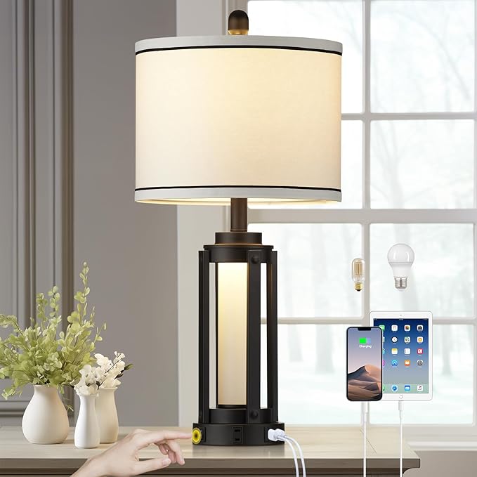 26" Modern Table Lamp with USB A+C Charging Ports & AC Outlet, Industrial Beside Contemporary Lamp Glass LED Night Light for Living Room Bedroom Nightstand End Table Single Black(2 Bulbs Included) - Bloomnest