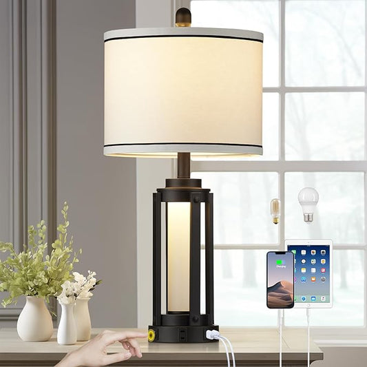 26" Modern Table Lamp with USB A+C Charging Ports & AC Outlet, Industrial Beside Contemporary Lamp Glass LED Night Light for Living Room Bedroom Nightstand End Table Single Black(2 Bulbs Included) - Bloomnest