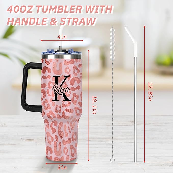 Personalized Pink Leopard Print Tumbler with Names, Custom 40oz Tumblers with Handle and Straw Lid, Insulated Stainless Steel Cup, Travel Coffee Mug, Gifts for Birthday Christmas Anniversary Women - Bloomnest