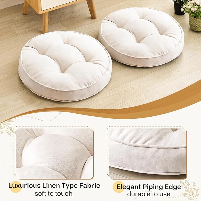 Floor Pillow Set of 2, Memory Foam Floor Cushions for Adults, Large Round Meditation Pillow for Sitting, 22 x 22 Inches (Round | Beige)