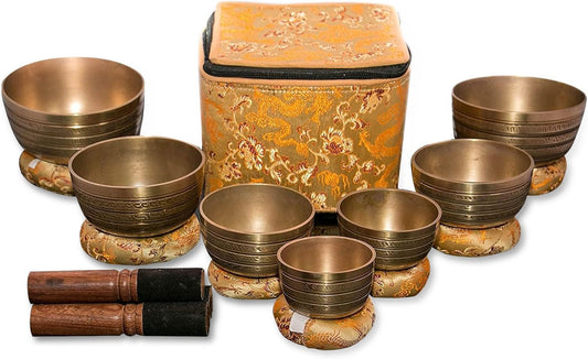 Tibetan Singing Bowl Set of 7, Handmade Singing Bowl for Meditation & Holistic Healing, Yoga Accessories, 3-5” Brass Singing Bowls with Wooden Striker, Cushion & Gold Carry Box
