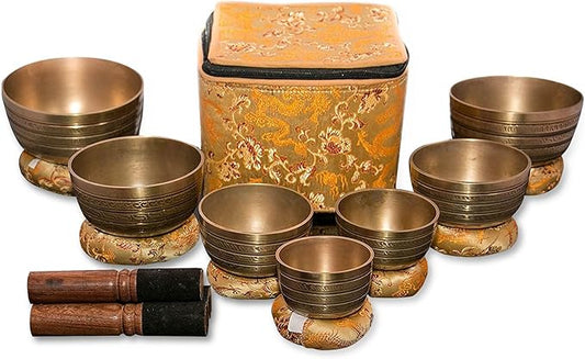 Tibetan Singing Bowl Set of 7, Handmade Singing Bowl for Meditation & Holistic Healing, Yoga Accessories, 3-5” Brass Singing Bowls with Wooden Striker, Cushion & Gold Carry Box - Bloomnest