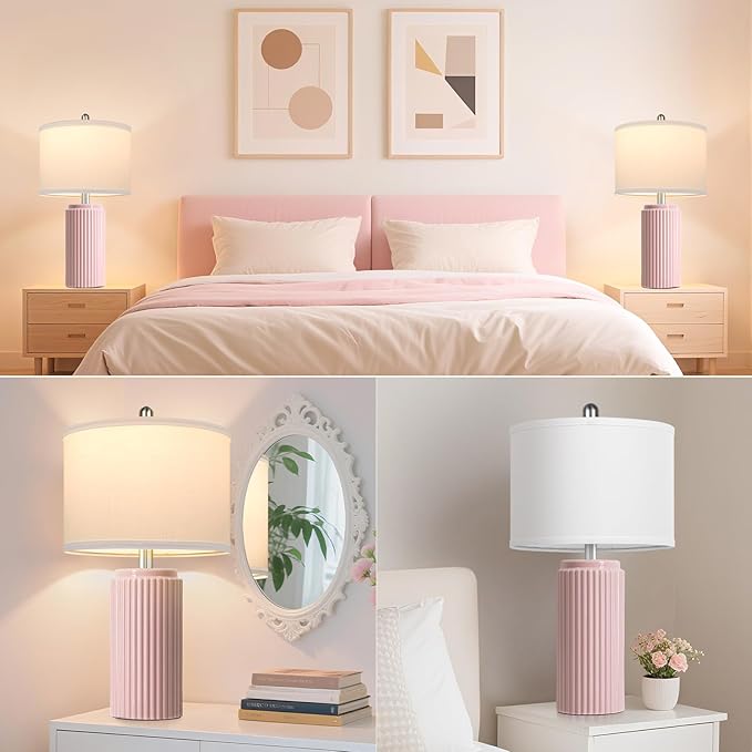 23.5’’ Modern Pink Table Lamps Set of 2 for Living Room, Ceramic Bedside Lamps with White Linen Shade for Girls Room, Rustic Nightstand Lamps for Bedroom Home Office, Cute Lamps for End Table Dorm - Bloomnest
