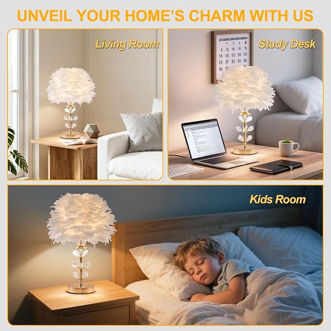 Chic White Feather Lamp Creative Fluffy Table Lamp Cute Kids Bedside Lamp Modern Feather Desk Light for Teen Girls Bedroom Living Room Entryway Study Room Wedding Deco - Bloomnest