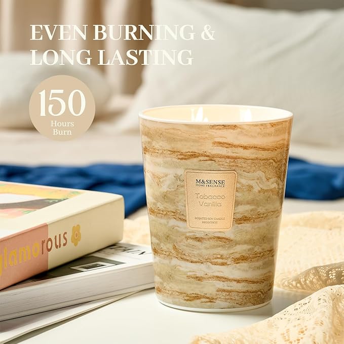 M&SENSE TobaccoVanilla Scented Candles for Home, 3-Wick Highly Scented Jar Candles, Extra Large Candle 35 Oz 150 Hours Long Lasting Burning, Relaxing Aromatherapy Candle for Stress Relief, Meditation - Bloomnest