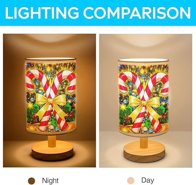 Candy Canes Table Lamp LED 3-Color Pressed Bedside for Merry Christmas, Candy Canes Shade Christmas Table Lamp with Wood Base for Bedroom Living Room Desk Office - Bloomnest
