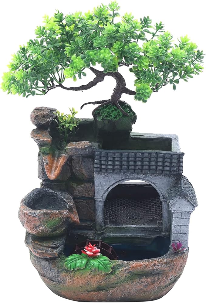 Gdrasuya10 Indoor Water Fountain, Small Tabletop Waterfall Fountain, Rockery Ornament with LED for Office Home Bedroom