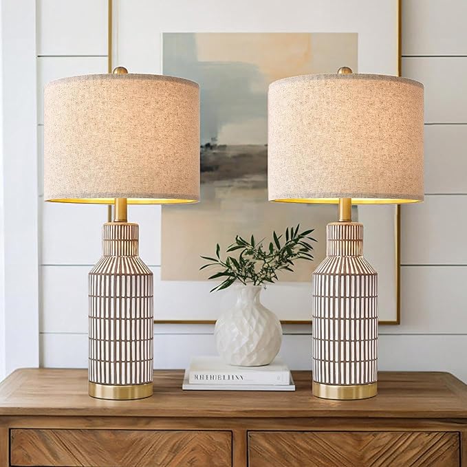 25" Table Lamps Set of 2, Modern Ceramic Bedside Lamps - Farmhouse Brown Nightstand Lamps for Bedroom, Boho Living Room End Table & Office Desk Decor - Bloomnest