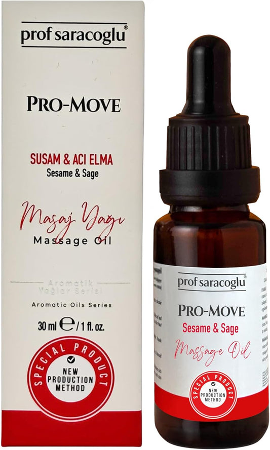 Prof Saracoglu Pro-Move Aromatic Massage Oil with Sesame & Sage – Fast-Absorbing Herbal Oil for Neck, Shoulder, and Muscle Tension Relief, Body Massage & Aromatherapy, 1.01 fl oz