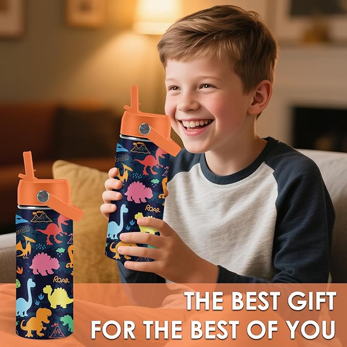Dinosaur Gifts for Kids - 16oz Colorful Dino Water Bottle with Straw Lid, Stainless Steel Insulated Tumbler, Leakproof, BPA-Free, for Boys & Girls, School, Travel - Dino Lovers Birthday Gift Cup (1pc) - Bloomnest