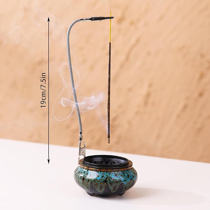 Censer Sky Blue Incense Burner with Calabash Incense Stick Holder - Porcelain Charcoal Censer for Use with Resin Granular Powder Cone or Coil Incense (Blue Fambe) - Bloomnest