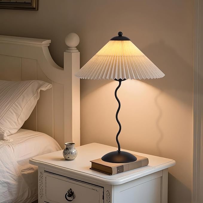 Pleated Table Lamp, S Tube Modern Table Lamp for Bedroom, Bedside Lamps with Organic Textured Linen Lampshade for Nightstand Bedroom Home Office Decor, Black - Bloomnest