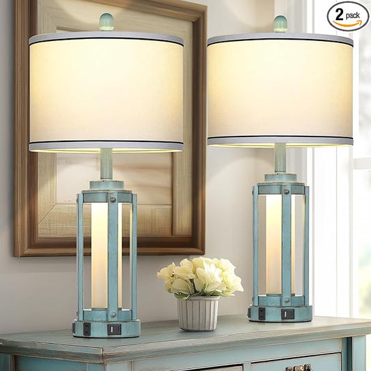 Table Lamp for Living Room, Vintage Rustic Industrial Farmhouse Lamps with USB A+C Charging Ports & AC Outlet, Beside Nightstand Metal Lamp with LED Night Light & Fabric Shade for Bedrooms - Bloomnest