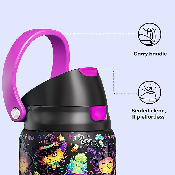Encool SwiftSip Insulated Stainless Steel Water Bottle with Straw - Leak Proof Sports Water Bottle for School, Travel, Keeps Cold All Day, One-Touch Flip Lid, BPA-Free, 32 oz, Meowgic Night ENCOOL