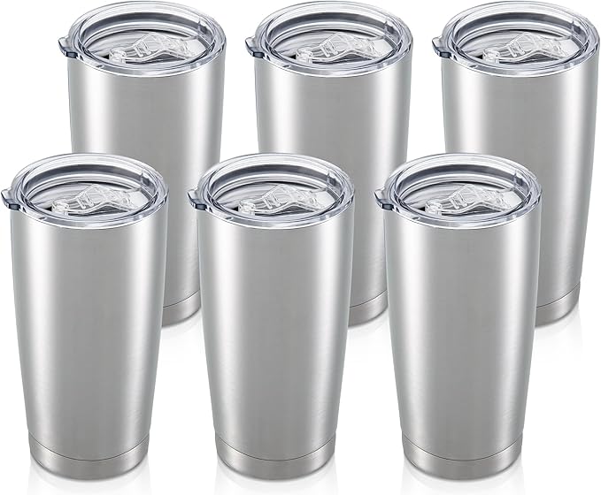 20 oz Tumbler Bulk with Lid Stainless Steel Insulated Tumblers Double Wall Vacuum Coffee Mug Powder Coated Tumbler Cups for Cold and Hot Drinks, Stainless Steel, 6 pack