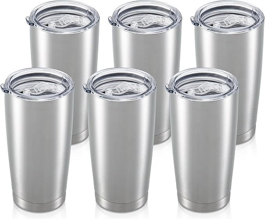 20 oz Tumbler Bulk with Lid Stainless Steel Insulated Tumblers Double Wall Vacuum Coffee Mug Powder Coated Tumbler Cups for Cold and Hot Drinks, Stainless Steel, 6 pack
