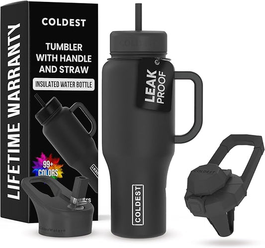 Coldest Tumbler with Handle and Straw - 100% Leak Proof Insulated Tumbler with Lid and Straw (3 Lids) - Stainless Steel Tumblers for Women & Men - Cup Holder Friendly Base, 36 oz (Stealth Black) - Bloomnest