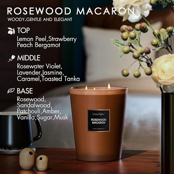 HomeLights Scented Candles | Large Jar Candle - 33.3 Oz. Natural Soy Aromatherapy Candles | Up to 70 Hours Burn Time with 3 Cotton Wicks, Home Decorative Fragrance Candles - Rosewood Macaron - Bloomnest