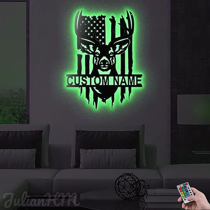 Lovely POD Personalized Hunting Metal sign, Hunting Art, Custom US Deer Hunting Metal Wall Art With Led Lights, Personalized Hunter Name Sign Decoration For Room, Buck Head Deer Outdoor Home Decor - Bloomnest