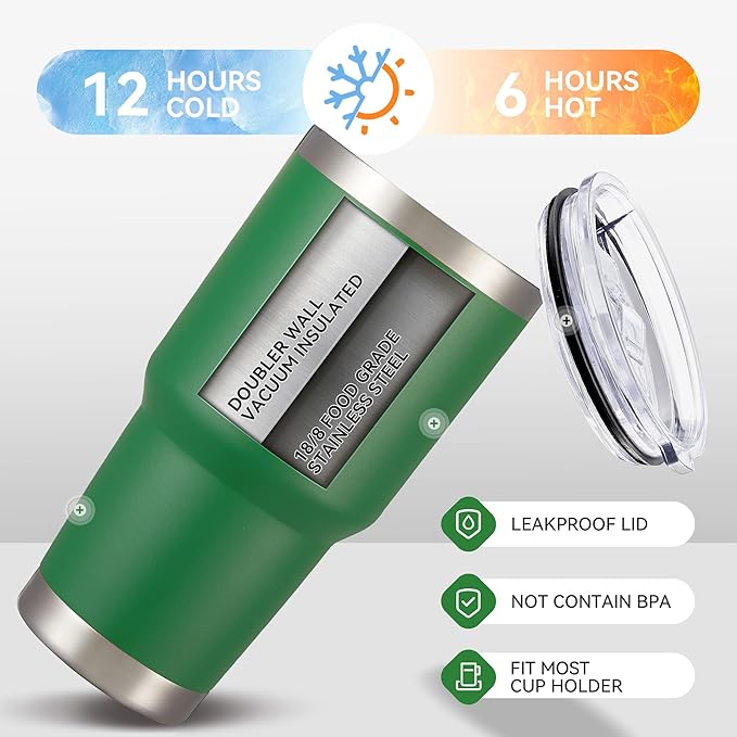 30 oz Tumbler with Lid Stainless Steel Tumblers Vacuum Insulated Cup Reusable Powder Coated Travel Mug Double Wall Leak Proof Portable Cups Keep Cold Drinks for 12 Hours, Dark Green, 1 Pack