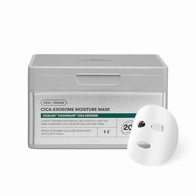VT COSMETICS Cica-Exosome Moisture Mask 20 Sheets, Centella Asiatica & Hyaluronic Acid with Exosomes for Deep Hydration & Calming, Biodegradable Vegan Sheets, Korean Face Mask - Bloomnest