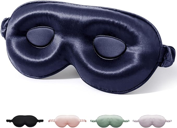 100% Pure Mulberry Silk Sleep Mask, 3D Contoured Cup Eye Mask for Sleeping, 22 Momme Super Soft Breathable Blindfold, Adjustable Blackout Travel Silk Eye Cover Blue - Bloomnest