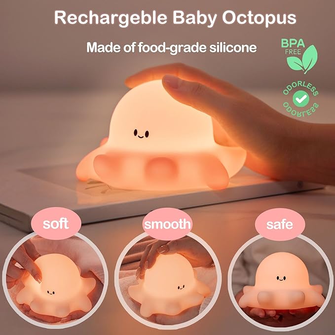 Kibbidea Touch Control Silicone Night Light for Kids, Rechargeable Octopus Nightlight with Timer, Eye Protection, Portable USB Baby Nightl lamp for Nursery, Bedroom - Bloomnest