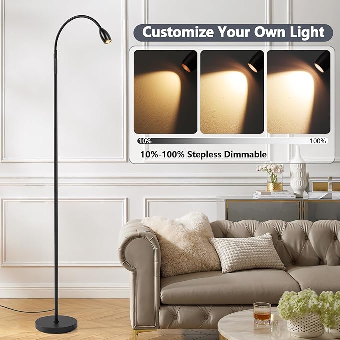 Reading Floor Lamp, 72" Tall LED Lamp with Flexible Gooseneck, Dimmable Zoomable Spotlight, Adjustable Color Beam Standing Lamp, Touch & Remote Control, Task Craft Bedroom Living Room, Matte Black - Bloomnest