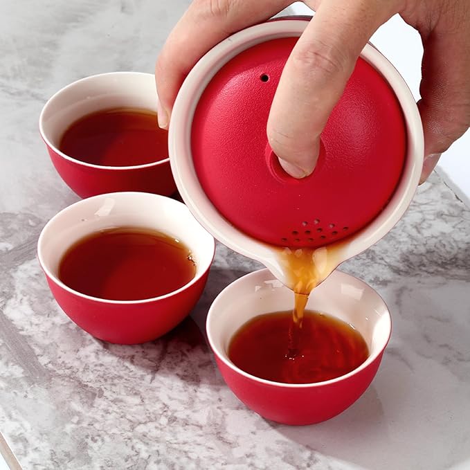 Porcelain Chinese Gongfu Tea Sets for Adults Ceramic japanese Tea Set Portable Kungfu Gaiwan Teapot and Cup Set Small Travel Teaset with Lid for Home Gifting Outdoor and Office (Red) - Bloomnest