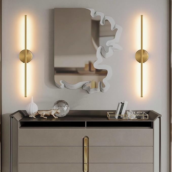 Wall Sconces Battery Operated Set of Two, Gold LED Wireless Wall Sconce with Remote Control 350° Rotate, 27.6 Inch Dimmable USB Rechargeable Wall Lights for Living Room Bedroom Hallway - Bloomnest