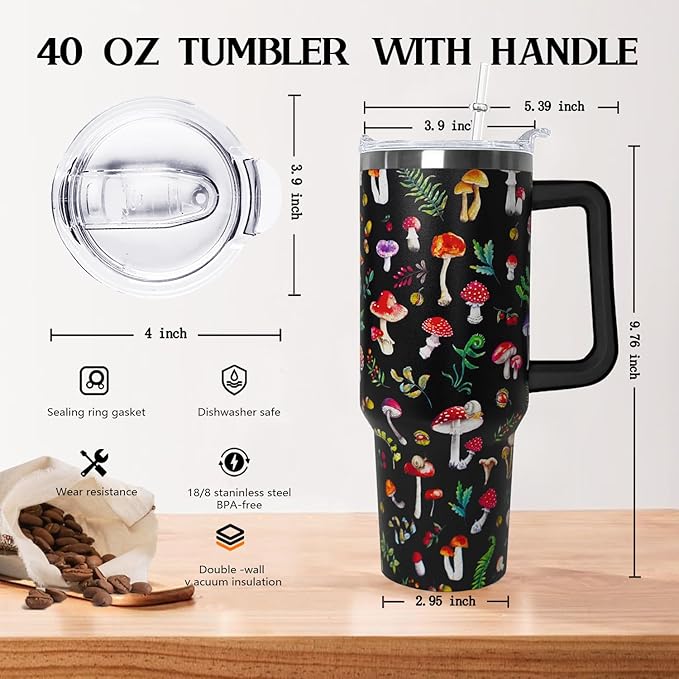 Ceovfoi 40 Oz Mushroom Tumbler With Handle,Mushroom Coffee Travel Mug Cup Water Bottle,Mushroom Decor,Mushroom Gifts for Women - Bloomnest