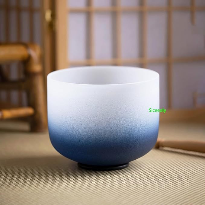 8" A Note 432HZ Indigo Blue Color Crystal Singing Bowl Frosted Quartz Root Base Chakra Meditation Sound Healing with Durable Carrying Case Suede Striker O-ring - Bloomnest