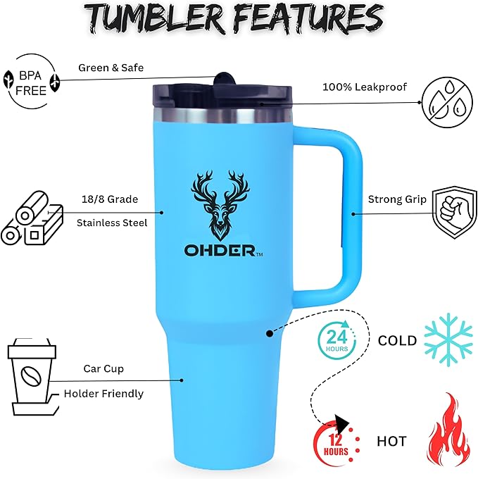 40 oz Tumbler with Handle and Straw | Vacuum Insulated Double Wall Stainless Steel Travel Mug | Leakproof, Hot and Cold | Cup Holder Friendly Base (Blue) - Bloomnest