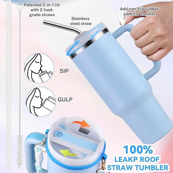 40 oz Tumbler Insulated Mug w/Straw & Flip Cap Lids - Cup Holder Bottle with 6 Accessories Set for Hot, Cold Drink - Leak-Proof - Water, Coffee Portable Travel Mug (Sky Blue) - Bloomnest