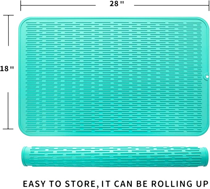 Silicone Dish Drying Mat for Multiple Usage,Easy clean,Eco-friendly,Heat-resistant Silicone Mat for Kitchen Counter or Sink,Refrigerator or Drawer Liner Mint 3XL 28 inches x 18 inches - Bloomnest
