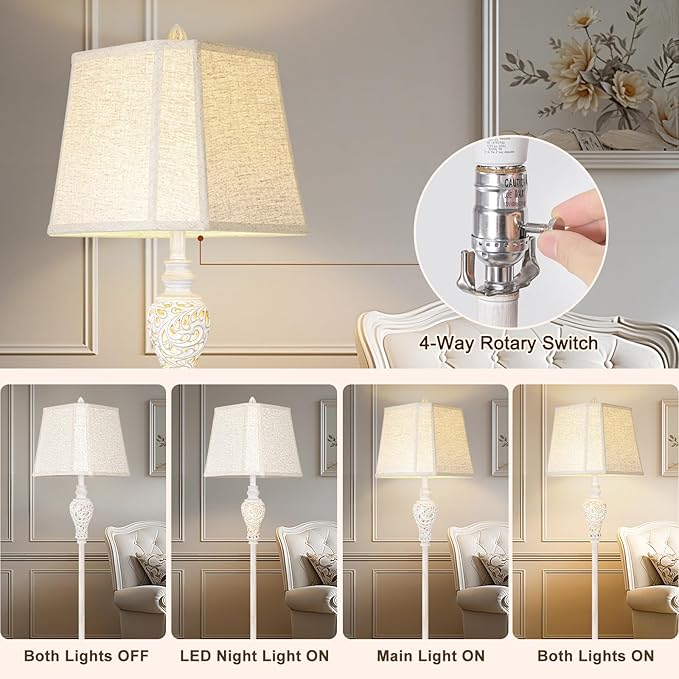 Floor Lamp for Living Room, Vintage Standing Lamp with Nightlight, 65" Tall Lamp with White Linen Shade, Farmhouse Rustic Floor Lamp for Bedroom, Office, Corner (LED Bulb Included) - Bloomnest